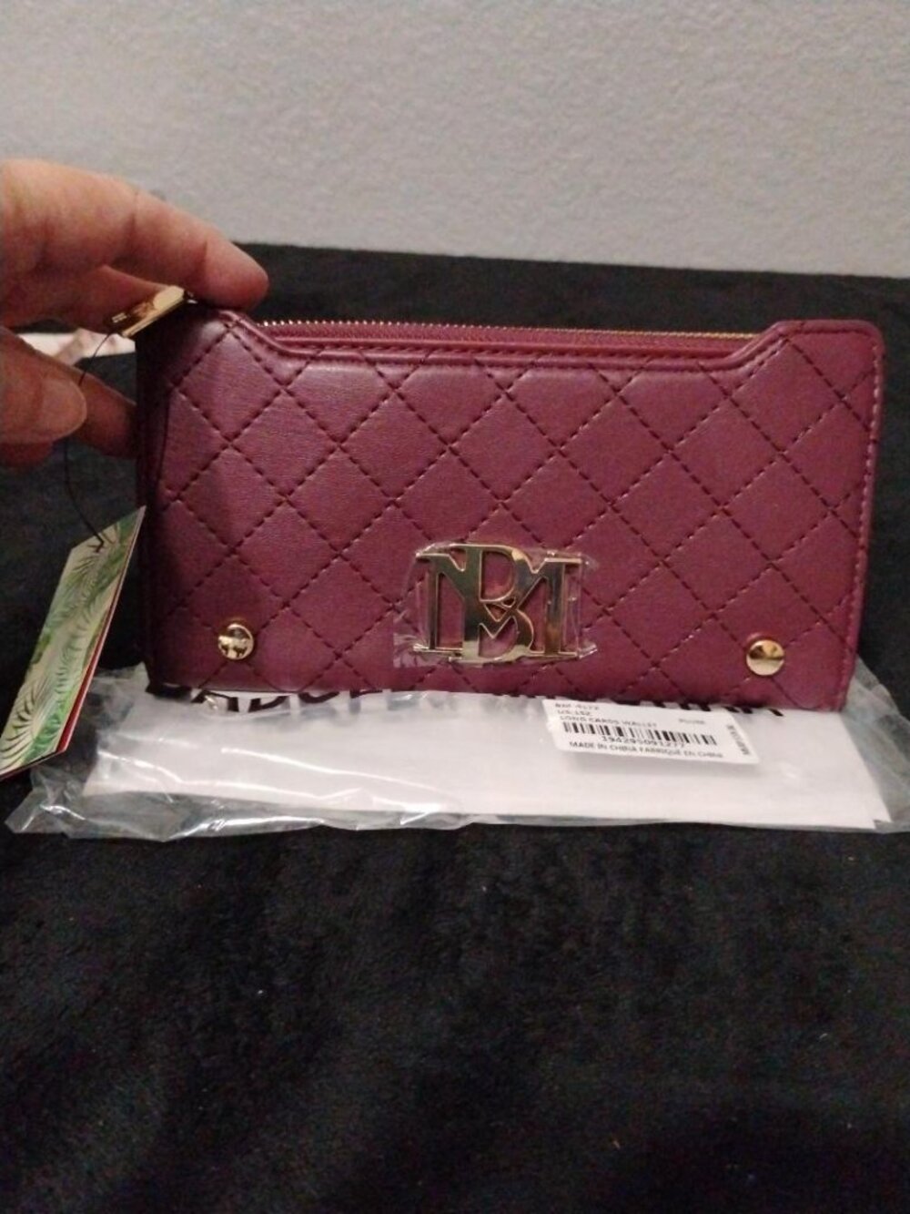 Badgley Mischka Long Cards Wallet Quilted Plum Bifold Gold Hardware NWT